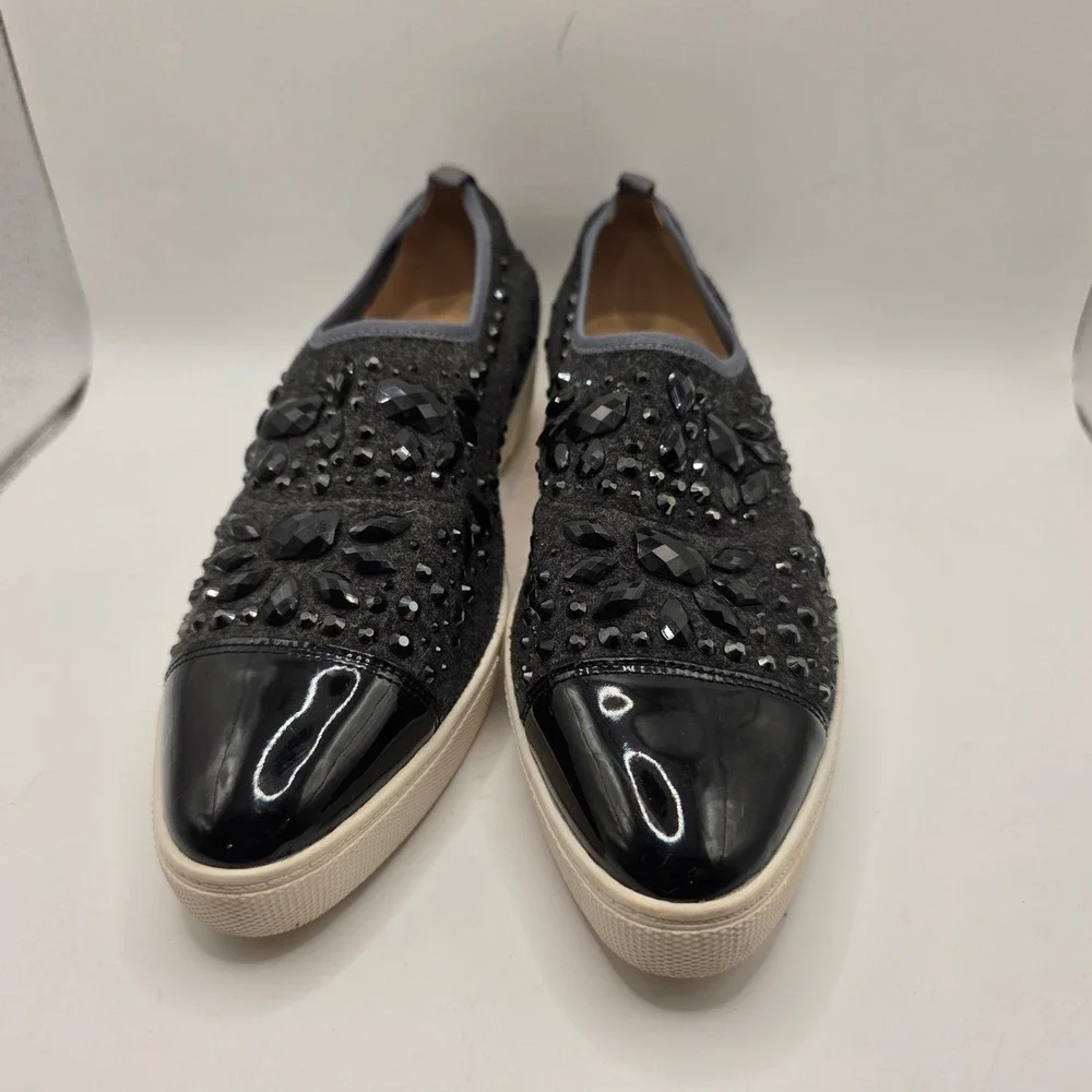 Karl Lagerfeld Paris Crystal Embellished Slip On Sneakers Black Patent Toe 8N